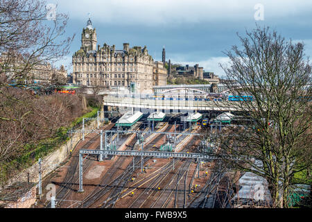 Tracks leading to Edinburgh Waverley railway station in Edinburgh, Scotland Stock Photo