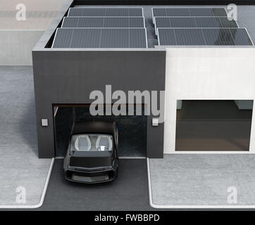Black car in front of the garage. On the roof there are solar panels for solar energy. 3D rendering image. Stock Photo