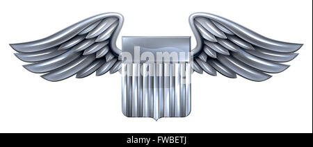 A winged silver metallic shield design with United States flag stripes Stock Photo