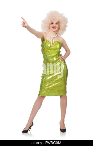 Woman wearing curly fair wig isolated on white Stock Photo