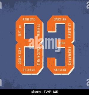 Athletic vintage print with numbers 8 and 3. Retro sport graphic for fashion or printing. Design with old school typography. Stock Vector