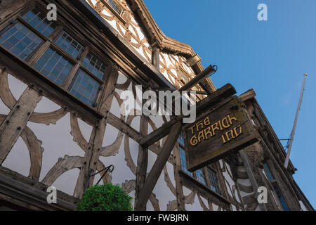 Pub England UK, detail of The Garrick Inn, a typical medieval timber-framed building in the High Street, Stratford Upon Avon, England, UK Stock Photo