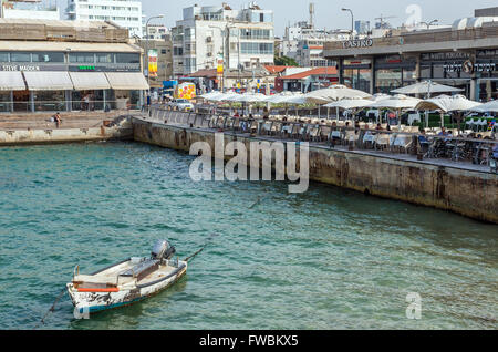 White Pergola restaurant and Castro store in Tel Aviv Port neighbourhood, Tel Aviv city in Israel Stock Photo