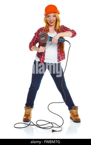 Female construction worker in a hard hat with angle grinder over white background Stock Photo