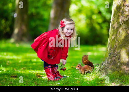 Girl feeding squirrel in autumn park. Little girl in red trench coat and rain boots watching wild animal in fall forest Stock Photo