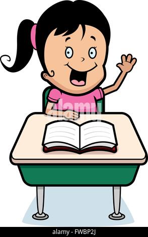 A happy cartoon child student at a desk in school. Stock Vector