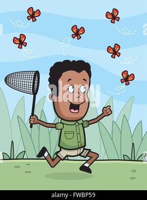 A happy cartoon boy chasing butterflies. Stock Vector