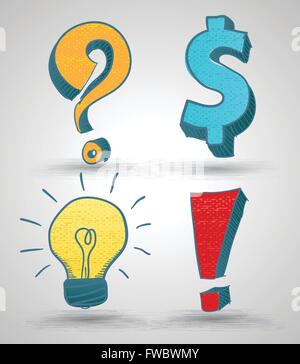 Doodle symbol set with texture. Vector illustration. Question mark, Dollar sign, Light bulb, Alert sign. Stock Vector