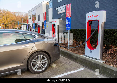 Tesla Motors, electric car charging station, in Eindhoven, The Netherlands, Tesla Superchargers, mobility, technology, Stock Photo