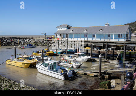 General view of the Ventnor Haven Fishery and takeaway on the Isle of Wight with fishing boats in the foreground. Stock Photo