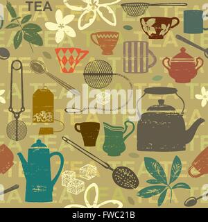 Seamless pattern with scratched tea related symbols and letters Stock Vector