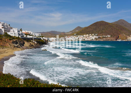 Beach San Jose white village, Almeria, Andalucia Spain fishing port Parque Natural de Cabo de Gata park Stock Photo