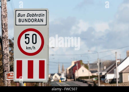 Sign at the entrance to Bundoran, Donegal, Ireland, with a 50km/h speed limit. Stock Photo