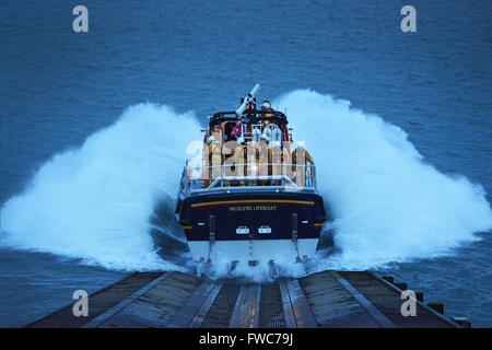 The Moelfre Lifeboat is launched as part of a training exercise from their base at Moelfre, on the island of Anglesey. Stock Photo
