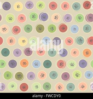 Seamless retro pattern polka dot with cat tracks. Vector background. Vintage wallpaper. Stock Vector
