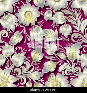 seamless silver floral ornament on pink background Stock Vector