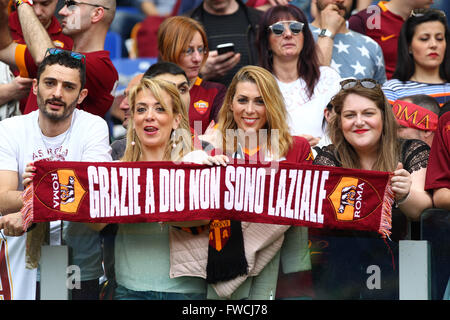 Stadium Olimpico, Rome, Italy. 03rd Apr, 2016. Serie A football league. Derby Match SS Lazio versus AS Roma. Fans of As Roma Credit:  Action Plus Sports/Alamy Live News Stock Photo