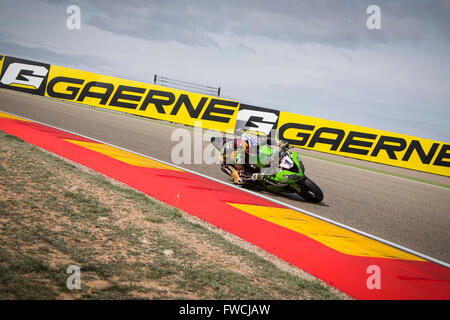 Motorland, Aragon, Spain. 3rd April, 2016. World Championship Motul FIM of Superbikes. Kenan Sofuoglu #1, Kawasaki ZX-6R rider of Supersport in action during the Race in the World Championship Motul FIM of Superbikes from the Circuito de Motorland. Credit:  Action Plus Sports Images/Alamy Live News Stock Photo
