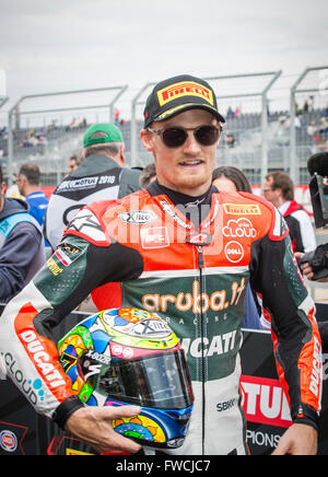 Motorland, Aragon, Spain. 3rd April, 2016. World Championship Motul FIM of Superbikes. Chaz Davies #7, Ducati 1199 Panigale R rider of Superbike celebrates after the Race in the World Championship Motul FIM of Superbikes from the Circuito de Motorland. Credit:  Action Plus Sports Images/Alamy Live News Stock Photo