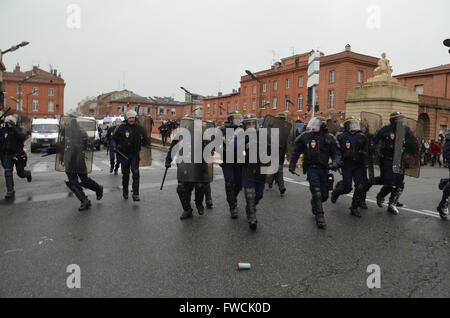 French riot police in action in Toulouse, south west of France, during a demonstration against a gouvernment new labor law. Stock Photo