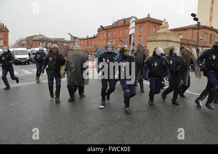 French riot police in action in Toulouse, south west of France, during a demonstration against a gouvernment new labor law. Stock Photo