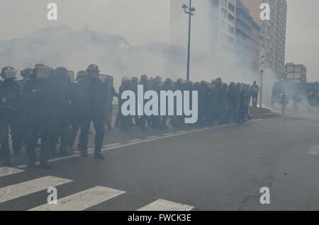 Riot Botan CRS riot police charge protesters during a protest in Paris, France, on ...