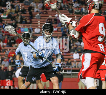 Piscataway, NJ, USA. 2nd Apr, 2016. Johns Hopkins Jack Olson (10) eyes the ball during an NCAA Lacrosse game between the Johns Hopkins Blue Jays and the Rutgers Scarlet Knights at High Point Solutions Stadium in Piscataway, NJ. Rutgers defeated Johns Hopkins, 16-9. Mike Langish/Cal Sport Media. © csm/Alamy Live News Stock Photo