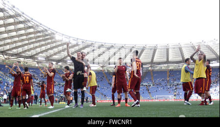 Rome, Italy. 03rd Apr, 2016. RomaÕs players greet fans at the end of the Italian Serie A football match between Lazio and Roma at the Olympic stadium. Roma defeats Lazio's city rivals 4-1. Goals were scored by El Shaarawy, Dzeko, Florenzi and Perotti for Roma, Parolo for Lazio. © Isabella Bonotto/Pacific Press/Alamy Live News Stock Photo