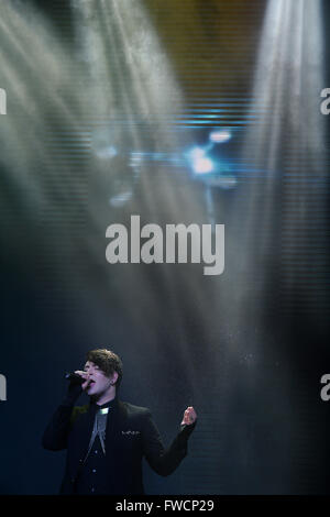 Moscow, Russia. 3rd April, 2016. Israel's representer Hovi Star performs during Eurovision 2016 Russian pre-party in Moscow, Russia, Apr. 3, 2016. Eurovision song contest final will be held in Stockholm on May 14. Credit:  Pavel Bednyakov/Alamy Live News Stock Photo