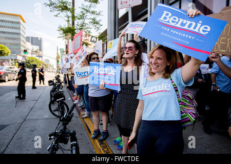 Hollywood, CALIFORNIA, USA. 3rd Apr, 2016. Supporters of democratic presidential candidate BERNIE SANDERS stage a demonstration in front of CNN headquarters in Hollywood, Calif. They claim that their candidate does not get equal coverage on CNN or any other network news station. Credit:  Gabriel Romero/ZUMA Wire/Alamy Live News Stock Photo