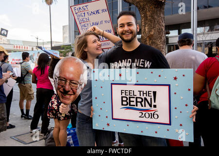 Hollywood, CALIFORNIA, USA. 3rd Apr, 2016. Supporters of democratic presidential candidate BERNIE SANDERS stage a demonstration in front of CNN headquarters in Hollywood, Calif. They claim that their candidate does not get equal coverage on CNN or any other network news station. Credit:  Gabriel Romero/ZUMA Wire/Alamy Live News Stock Photo