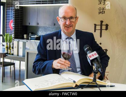 (160404) -- SYDNEY, April 4, 2016 (Xinhua) -- Managing Director and third generation winemaker from Taylors Wines Mitchell Taylor receives an interview with Xinhua in Sydney, Australia, March 24, 2016. Australian wines are becoming increasingly popular overseas, with the Chinese market growing considerably over the past few years. Statistics from Wine Australia show exports to China increased by 66 percent in 2015, to 370 million Australian dollars, with red wine by far the drink of choice. Managing Director and third generation winemaker from Taylors Wines Mitchell Taylor told Xinhua his comp Stock Photo