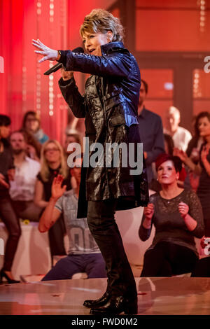 Leipzig, Germany. 3rd Apr, 2016. US-singer Katrina Leskanich performs on stage during the recording of the German television music show 'Kulthits - praesentiert von Kim Fisher' (Kulthits - presented by Kim Fisher) in Leipzig, Germany, 3 April 2016. The show will be aired on regional broadcaster MDR at 8:15 PM on 9 April 2016. Photo: Andreas Lander/dpa - NO WIRE SERVICE -/dpa/Alamy Live News Stock Photo