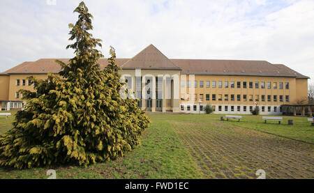 The former national socialist elite school in Ballenstedt, photographed during the filming of the TV series 'Lost Places' of the Pay-TV channel History Channel in the Harz region, Germany, 4 April 2016. Photo: Peter Gercke/dpa Stock Photo