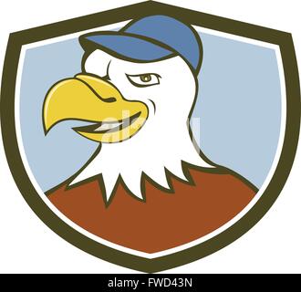 Illustration of an american bald eagle head wearing hat smiling looking to the side set inside shield crest on isolated background done in cartoon style. Stock Vector