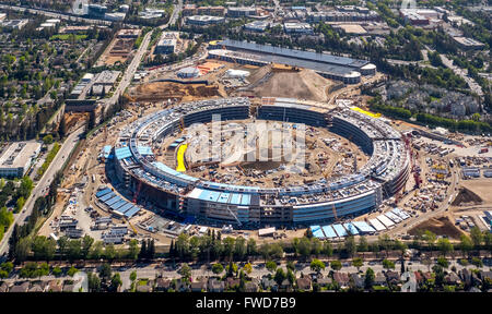 new Apple Campus II, aerial, New Apple Computer Campus under Construction in Cupertino, Silicon Valley, California, Round Stock Photo