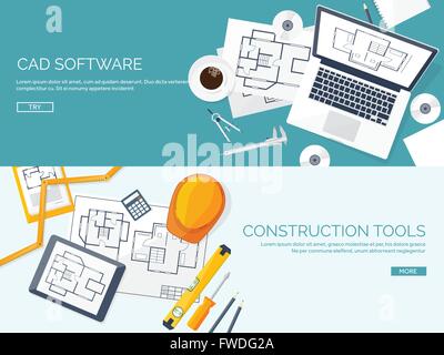 Vector illustration. Engineering and architecture. Notebook, software. Drawing, construction.  Architectural project. Design, sketching. Workspace with tools. Planning, building. Stock Vector