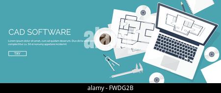 Vector illustration. Engineering and architecture. Notebook, software. Drawing, construction.  Architectural project. Design, sketching. Workspace with tools. Planning, building. Stock Vector