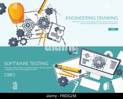 Vector illustration. Engineering and architecture. Computer, software. Drawing, construction.  Architectural project. Design, sketching. Workspace with tools. Planning, building. Stock Vector