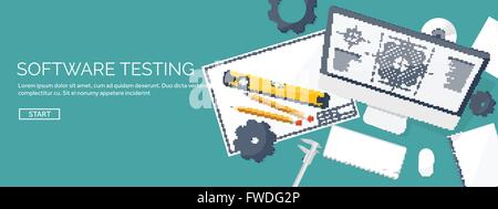 Vector illustration. Engineering and architecture. Computer, software. Drawing, construction.  Architectural project. Design, sketching. Workspace with tools. Planning, building. Stock Vector