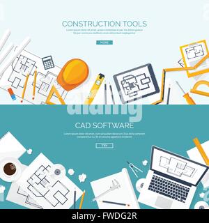 Vector illustration. Engineering and architecture. Notebook, software. Drawing, construction.  Architectural project. Design, sketching. Workspace with tools. Planning, building. Stock Vector