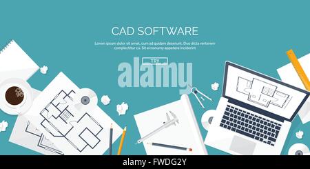 Vector illustration. Engineering and architecture. Notebook, software. Drawing, construction.  Architectural project. Design, sketching. Workspace with tools. Planning, building. Stock Vector