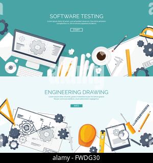 Vector illustration. Engineering and architecture. Computer, software. Drawing, construction.  Architectural project. Design, sketching. Workspace with tools. Planning, building. Stock Vector