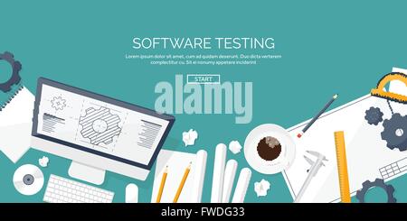 Vector illustration. Engineering and architecture. Computer, software. Drawing, construction.  Architectural project. Design, sketching. Workspace with tools. Planning, building. Stock Vector