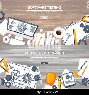 Vector illustration. Engineering and architecture. Computer, software. Drawing, construction.  Architectural project. Design, sketching. Workspace with tools. Planning, building. Wooden background. Stock Vector