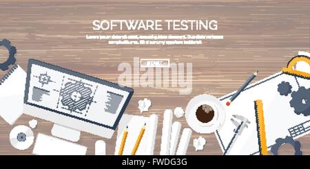 Vector illustration. Engineering and architecture. Computer, software. Drawing, construction.  Architectural project. Design, sketching. Workspace with tools. Planning, building. Wooden background. Stock Vector