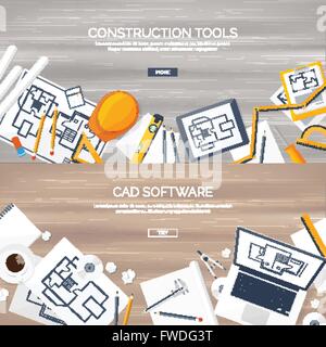 Vector illustration. Engineering and architecture. Notebook, software. Drawing, construction.  Architectural project. Design, sketching. Workspace with tools. Planning, building. Wooden background. Stock Vector