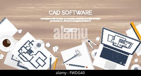 Vector illustration. Engineering and architecture. Notebook, software. Drawing, construction.  Architectural project. Design, sketching. Workspace with tools. Planning, building. Wooden background. Stock Vector