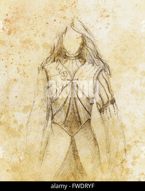 sketch of mystical woman  in beautiful ornamental dress  inspired by middle age design. Stock Photo