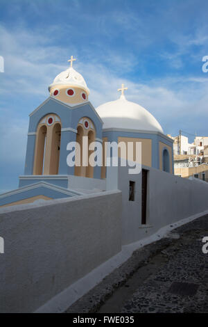 Fira is a village in the Cyclades. It is located on the main island Thira, or Thera, at Santorini, Greece Stock Photo